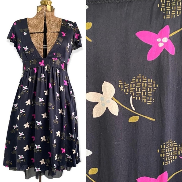 VINTAGE Free People Black Crinkled Silk Kimono Floral Dress Size 2 - Picture 1 of 10